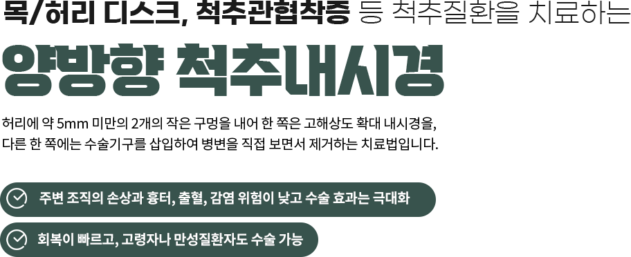 목/허리 디스크, 척추관협착증 등 척추질환을 치료하는 양방향 척추내시경 \n 허리에 약 5mm 미만의 2개의 작은 구멍을 내어 한 쪽은 고해상도 확대 내시경을, 다른 한 쪽에는 수술기구를 삽입하여 병변을 직접 보면서 제거하는 치료법입니다. \n 주변 조직의 손상과 흉터, 출혈, 감염 위험이 낮고 수술 효과는 극대화 / 회복이 빠르고, 고령자나 만성질환자도 수술 가능